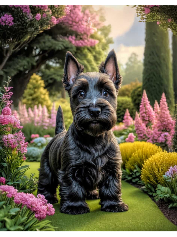 Scottish Terrier Dog and Puppy Portrait Paintings on Canvas