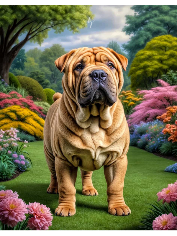 Shar Pei Dog and Puppies Colorful Portrait Paintings on Canvas