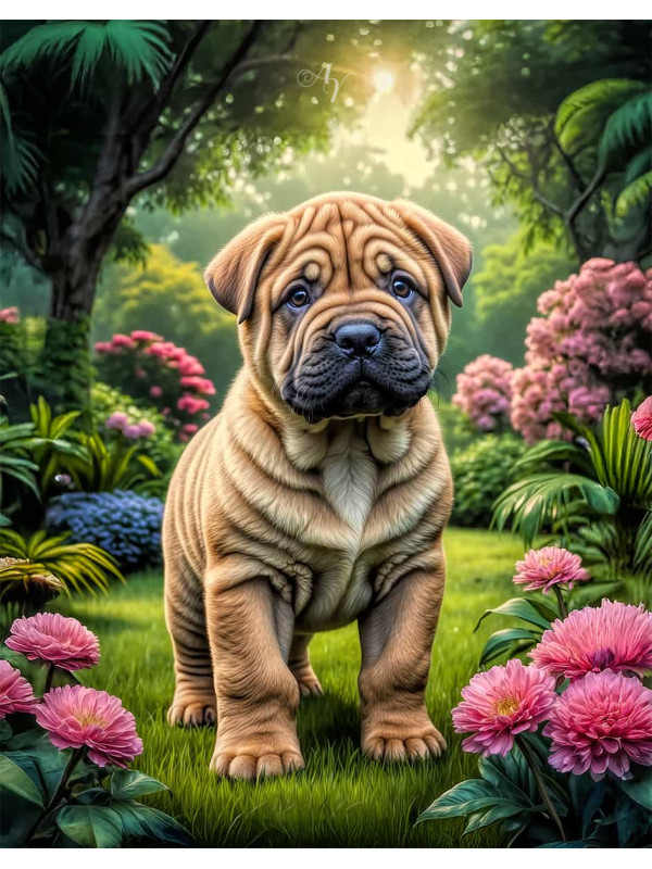 Shar Pei Dog and Puppies Colorful Portrait Paintings on Canvas