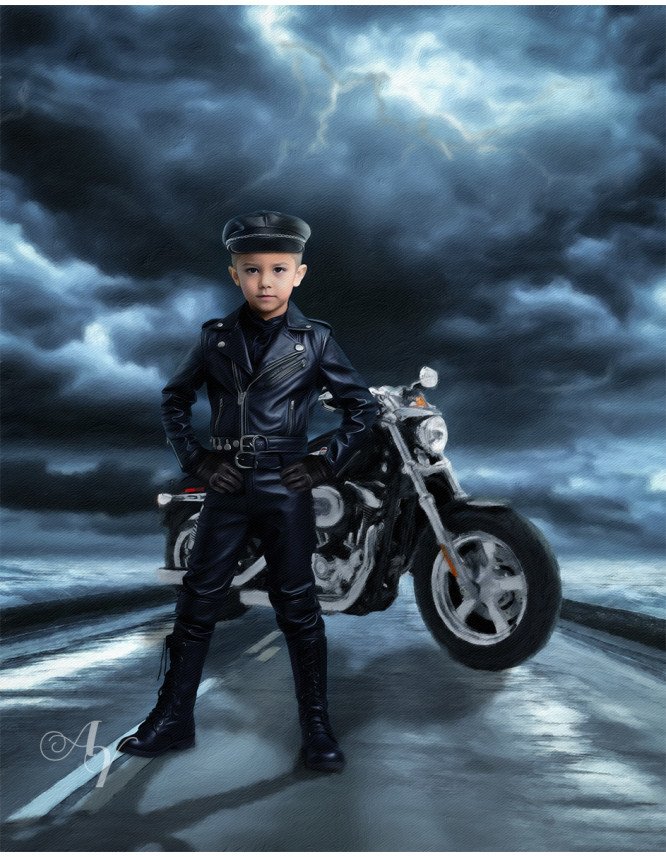 Child Biker Boy and Girl Fantasy Customized Photo Paintings Child Biker Boy and Girl Fantasy Customized Photo Paintings