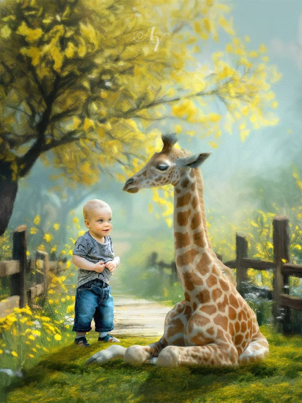 Child and Baby Giraffe Customized Photo Paintings