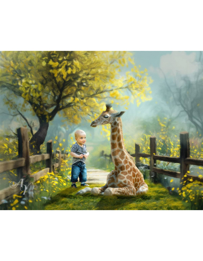 Child and Baby Giraffe Customized Photo Paintings