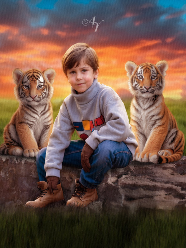 Child and Tiger Cubs Customized Photo Paintings