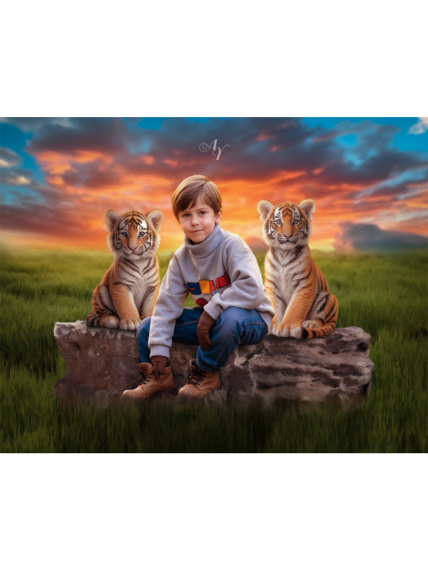 Child and Tiger Cubs Customized Photo Paintings