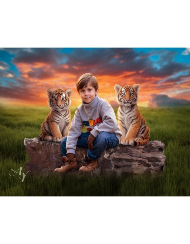 Child and Tiger Cubs Customized Photo Paintings Child and Tiger Cubs Customized Photo Paintings