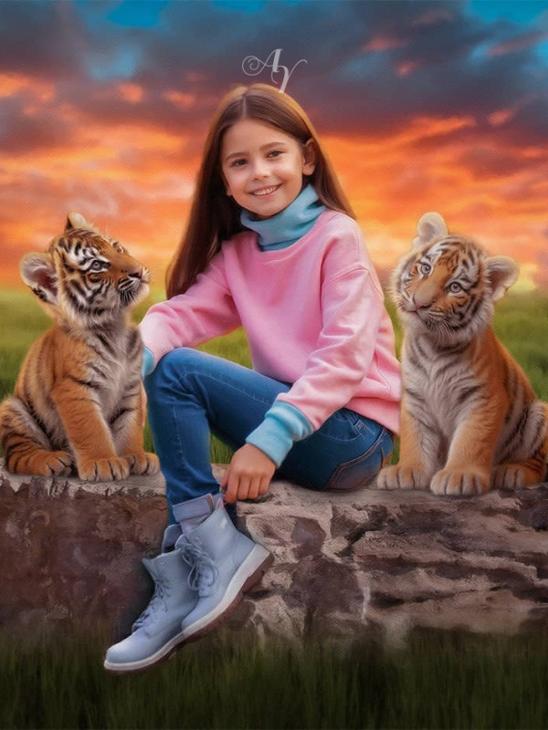 Child and Tiger Cubs Customized Photo Paintings