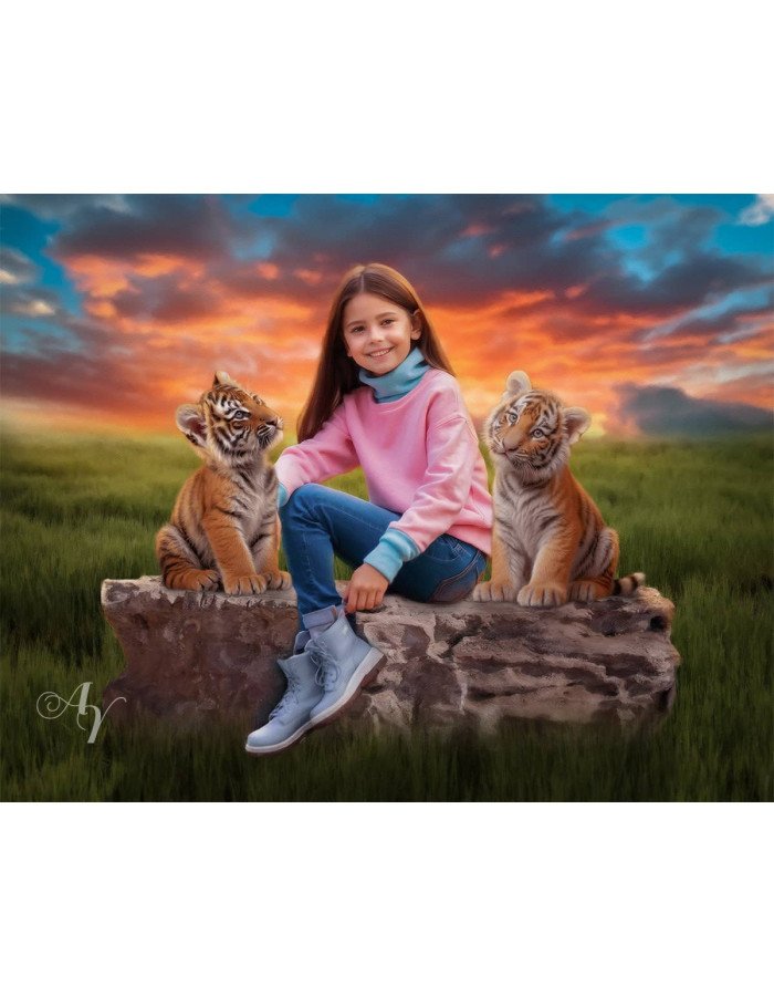Child and Tiger Cubs Customized Photo Paintings Child and Tiger Cubs Customized Photo Paintings