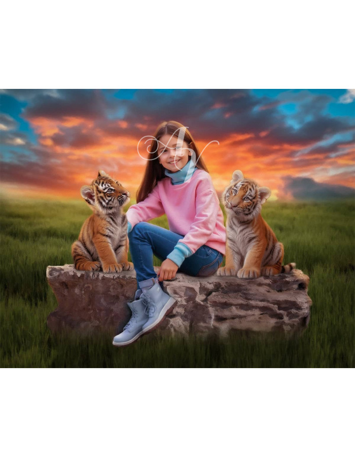 Child and Tiger Cubs Customized Photo Paintings Child and Tiger Cubs Customized Photo Paintings