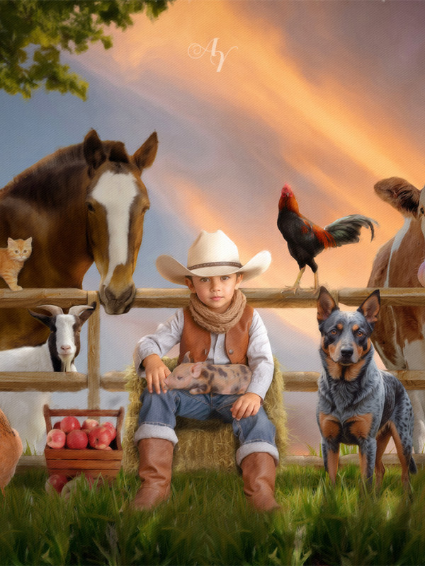 Child Farmer Cowgirl - Cowboy Customized Photo Paintings