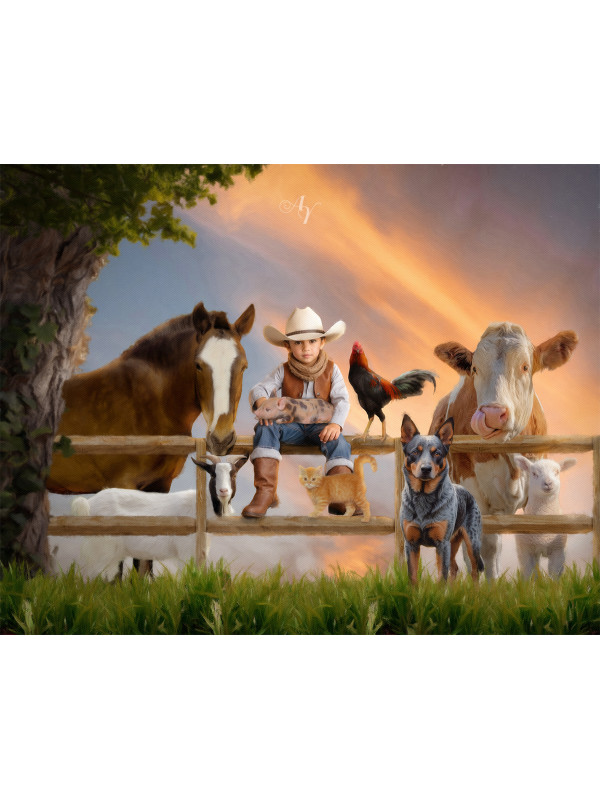 Child Farmer Cowgirl - Cowboy Customized Photo Paintings
