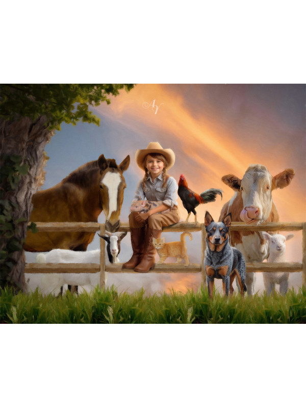 Child Farmer Cowgirl - Cowboy Customized Photo Paintings
