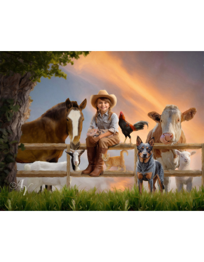 Child Farmer Cowgirl - Cowboy Customized Photo Paintings