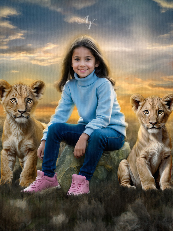 Child and Lion Cubs Customized Photo Paintings