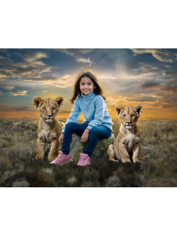Child and Lion Cubs Customized Photo Painting
