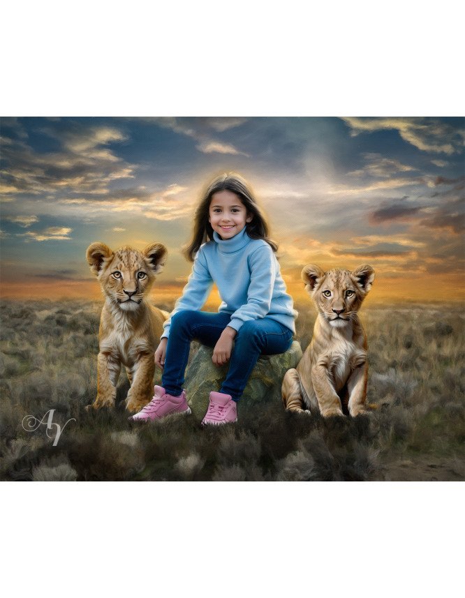 Child and Lion Cubs Customized Photo Paintings Child and Lion Cubs Customized Photo Paintings