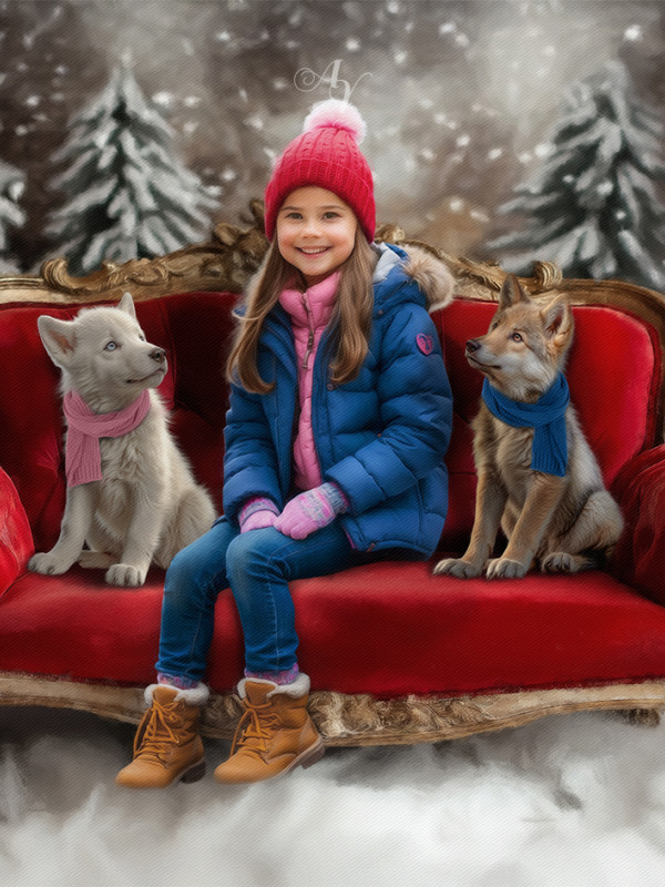 Child and Wolf Pups Customized Portrait Painting