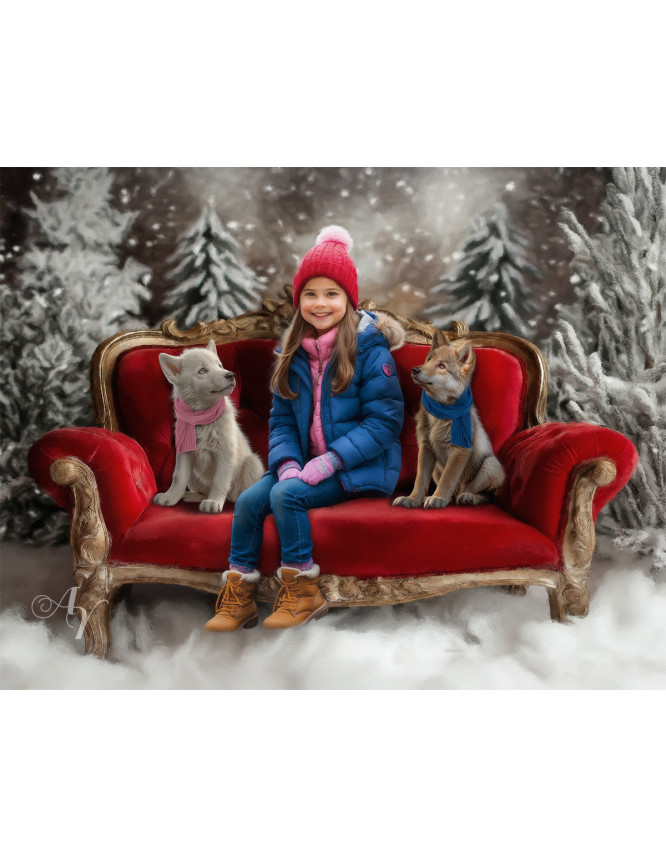 Child and Wolf Pups Customized Portrait Painting