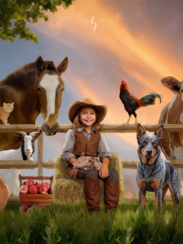 Child Farmer Cowgirl - Cowboy Customized Photo Paintings