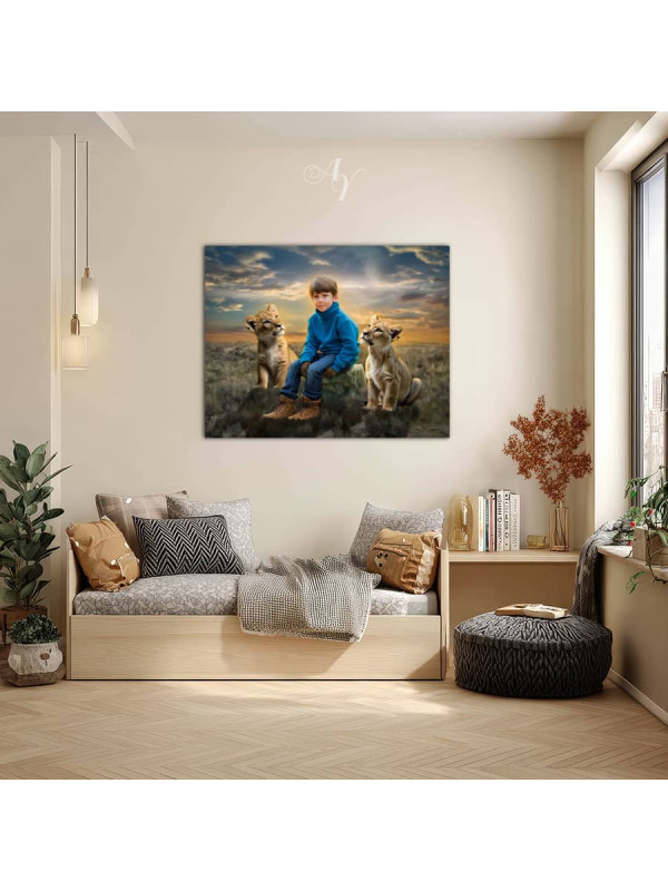 Child and Lion Cubs Customized Photo Painting