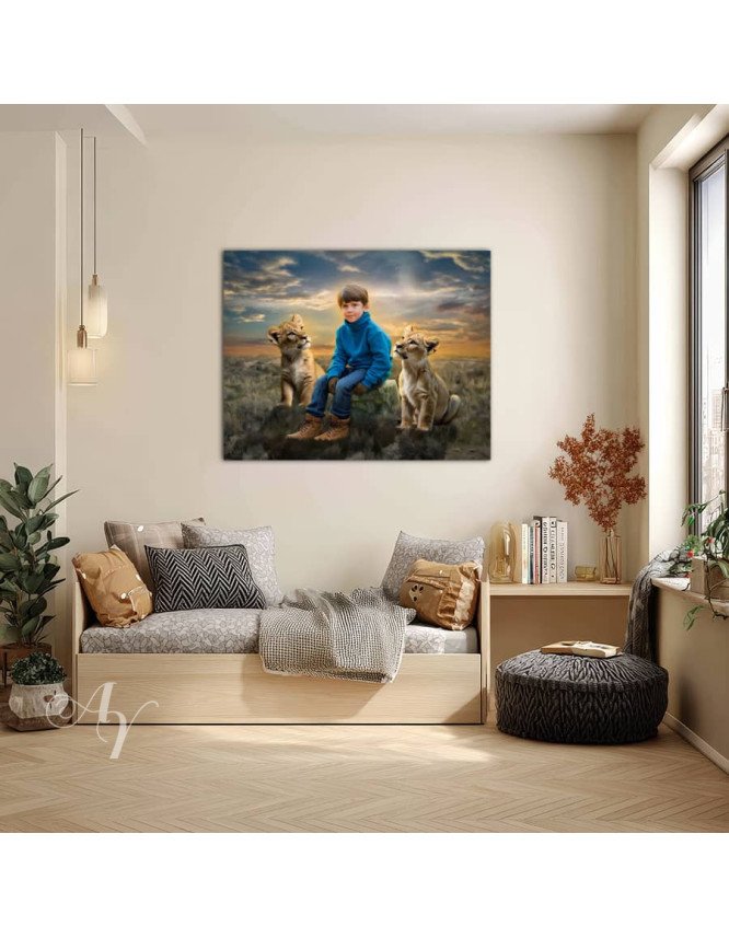 Child and Lion Cubs Customized Photo Paintings Child and Lion Cubs Customized Photo Paintings