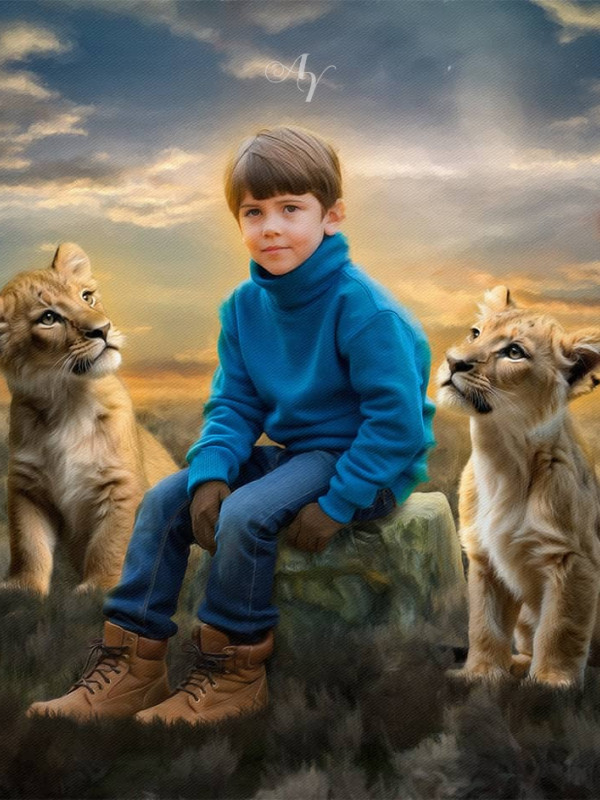 Child and Lion Cubs Customized Photo Paintings