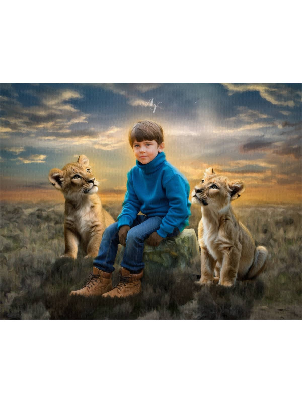 Child and Lion Cubs Customized Photo Painting