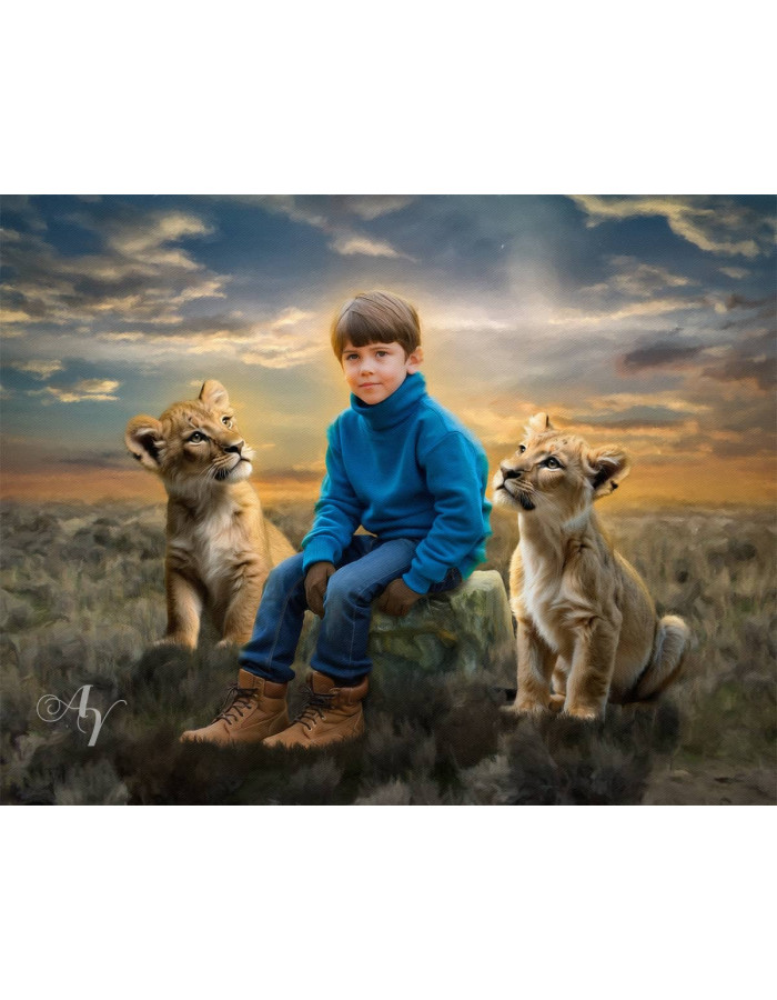 Child and Lion Cubs Customized Photo Paintings Child and Lion Cubs Customized Photo Paintings