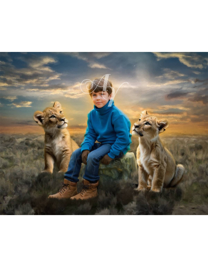 Child and Lion Cubs Customized Photo Paintings Child and Lion Cubs Customized Photo Paintings
