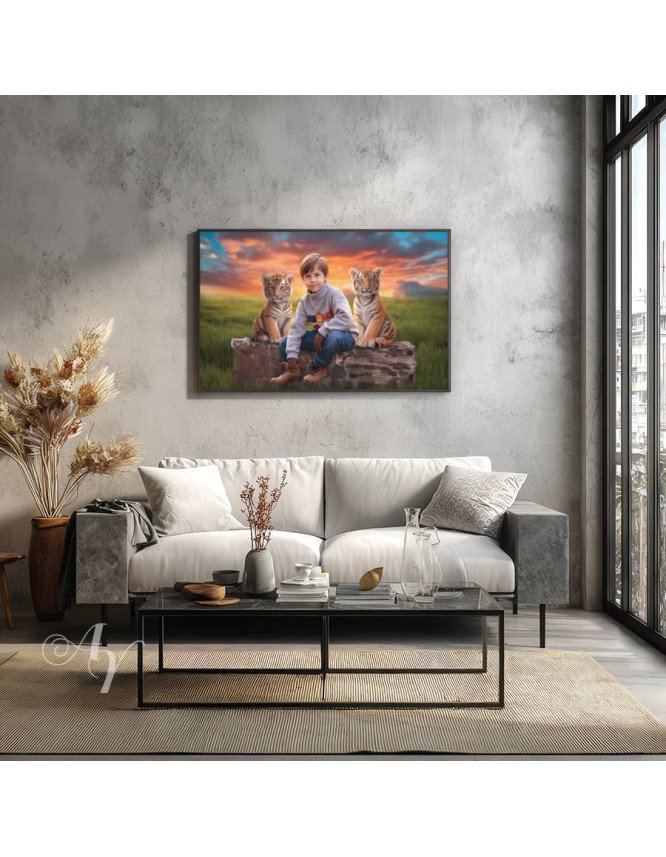 Child and Tiger Cubs Customized Photo Paintings Child and Tiger Cubs Customized Photo Paintings