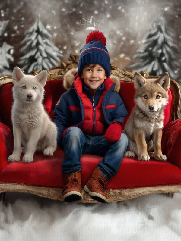 Child and Wolf Pups Customized Portrait Painting